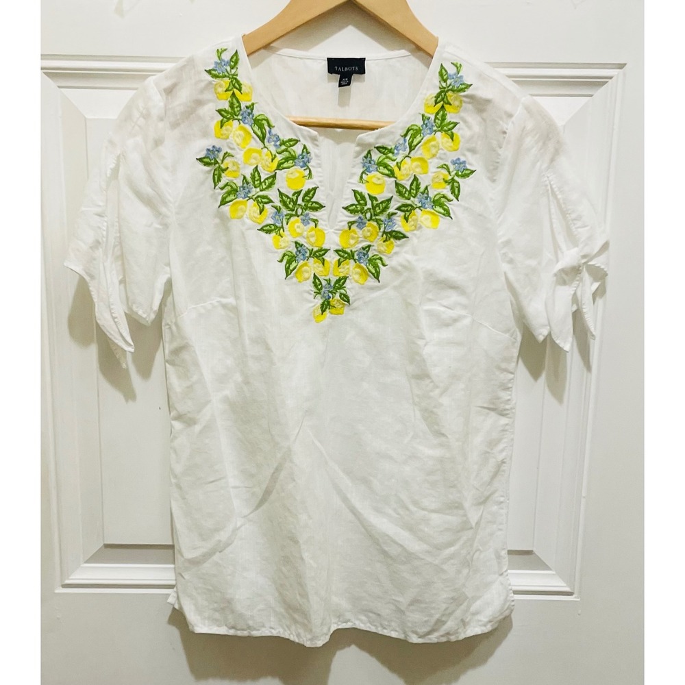 Talbots Womens Top‎ XS Embroidered Lemon Floral Tie Sleeve White Blouse - Picture 2 of 5